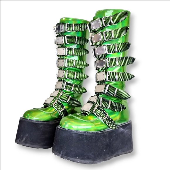 Sold-Demonia acid green glow in the dark mega platform knee-high boots size 7 US - Picture 4 of 10